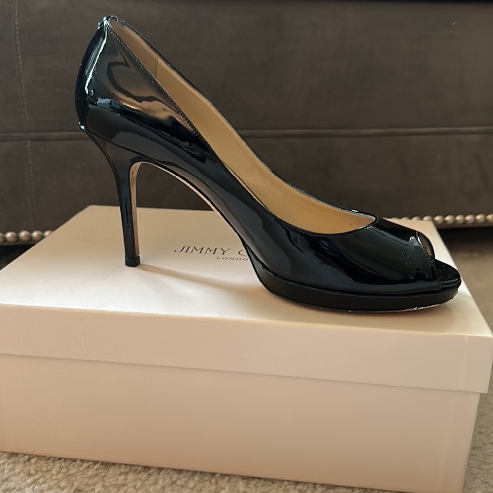 Jimmy Choo patent leather black Alpha heel.